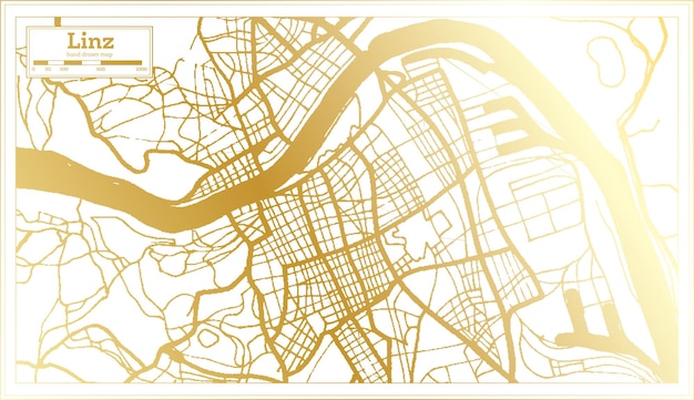 Linz Oostenrijk stadsplattegrond in retrostijl in gouden kleur overzichtskaart