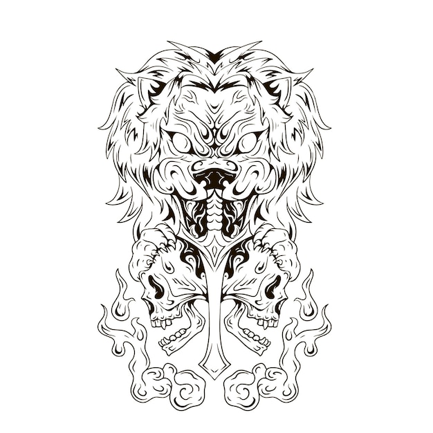 ベクトル 剣の線画とライオンと頭蓋骨