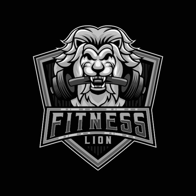 Lion Barbell Gym Logo leeuwenkop tijdens het bijten van de zeer zware barbell Vector Mascot Design Template Embleem Vector illustratie