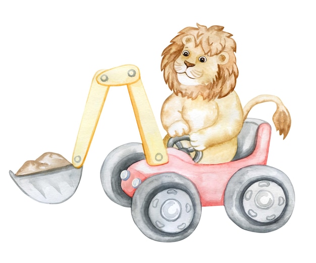 Lion by car by excavator isolated on a white background Watercolor Illustration