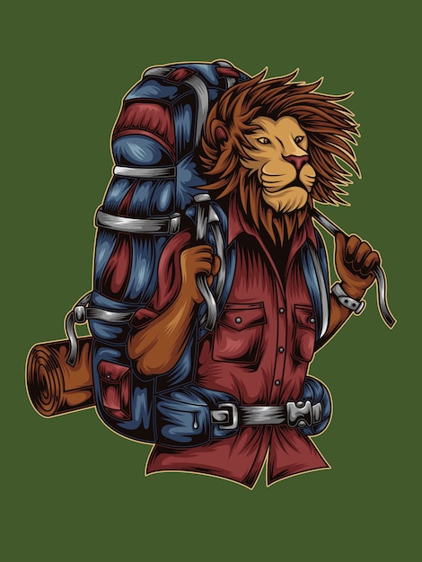 Lion carrying a blue backpack