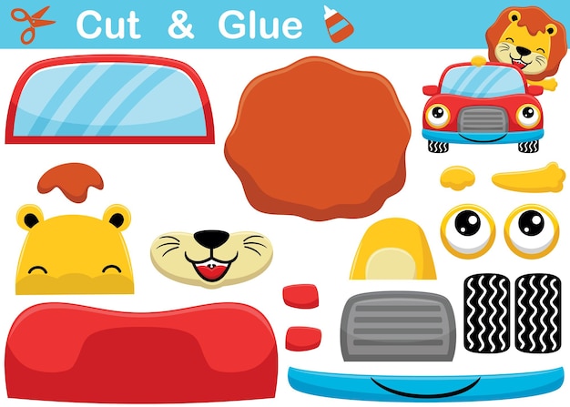Lion cartoon on smiling car. education paper game for children. cutout and gluing