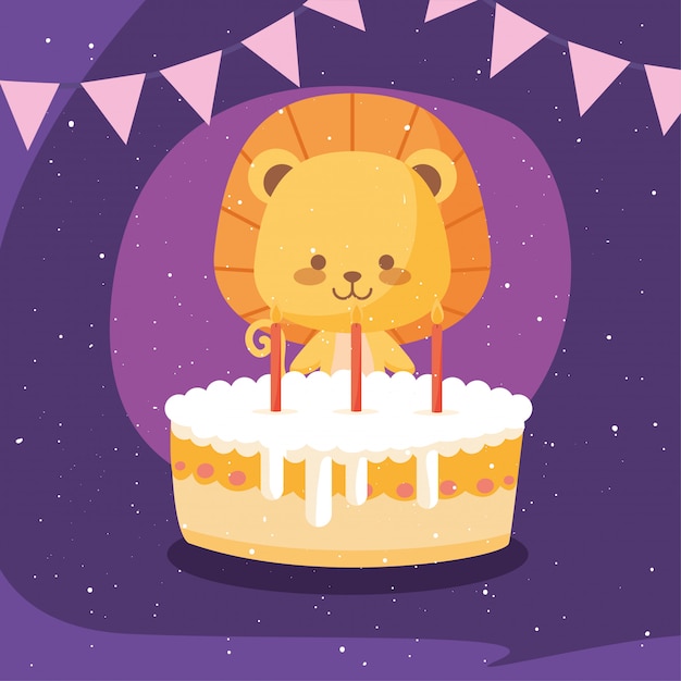 Lion cartoon with happy birthday cake