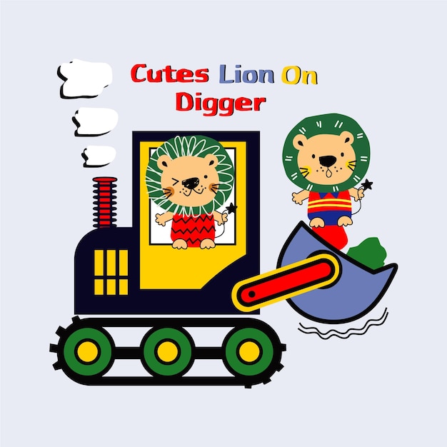 lion cubs are riding heavy equipmentdesign cartoon vector illustration