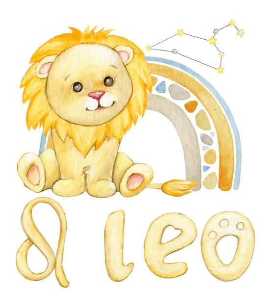 Leone un simpatico animale astrologico in stile cartone animato su uno sfondo isolato clipart ad acquerello