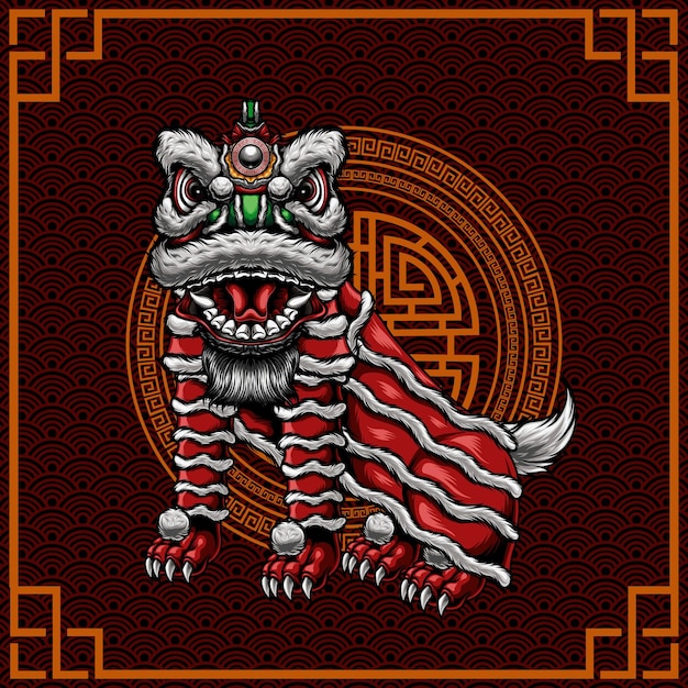 танец льва с китайским орнаментом фон векторные иллюстрации