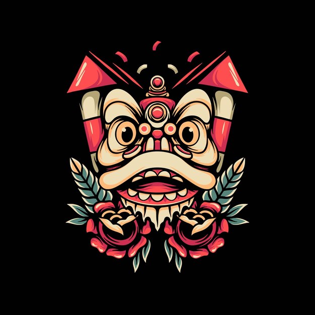 Vector lion dance with firecrackers retro illustration