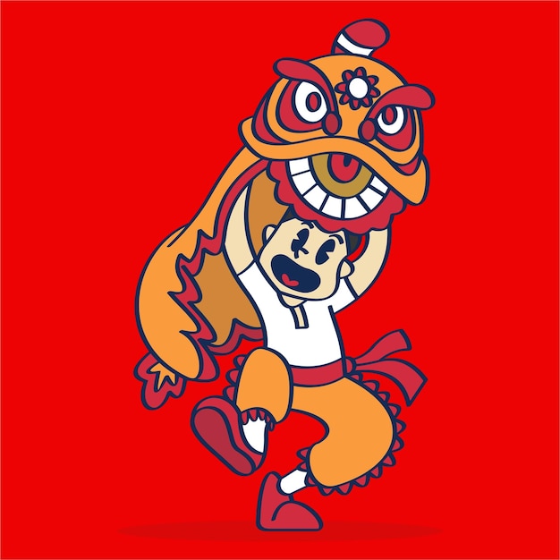 Lion Dragon Dancing Show New Year Celebrate Hand Drawing Cartoon Characters Illustration Vintage