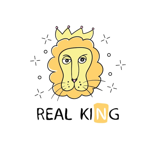 Vettore disegno di faccia di leone con tipografia reai king - disegno di illustrazione vettoriale - stampa t-shirt grafica tessile