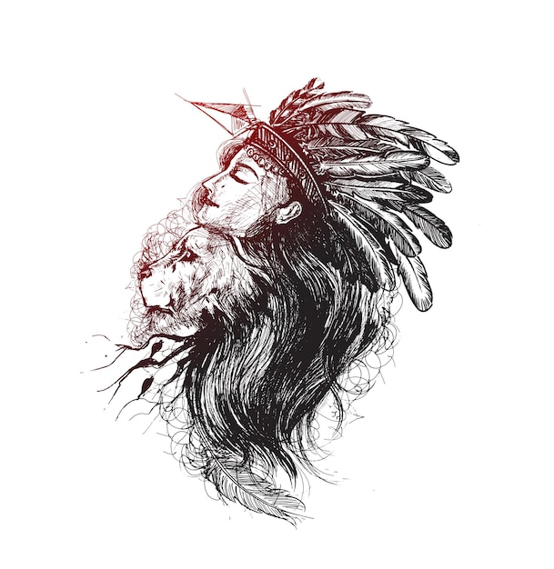 羽の女性クラウンとライオンの顔手描きスケッチ ベクトル イラスト