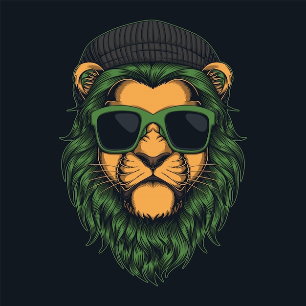 Premium Vector | Lion fur green wearing beanie hat and glasses vector ...