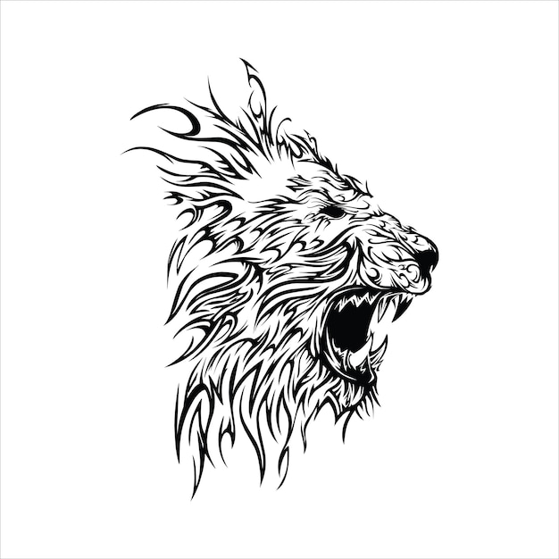 lion head animal tribal tattoo black and white design