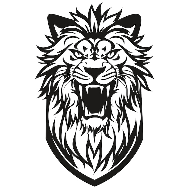 Emblema della testa di leone per il logo della mascotte animale in bianco e nero della squadra sportiva