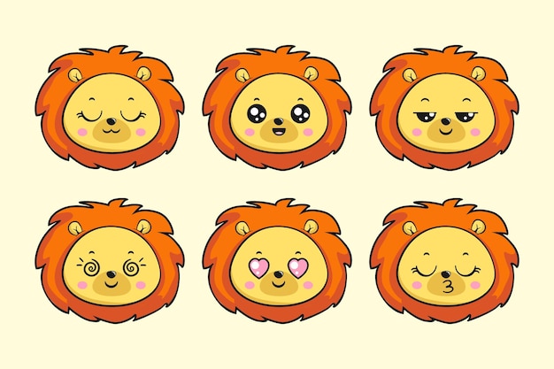 Vector lion head face cartoon emoji sticker kawaii part 2