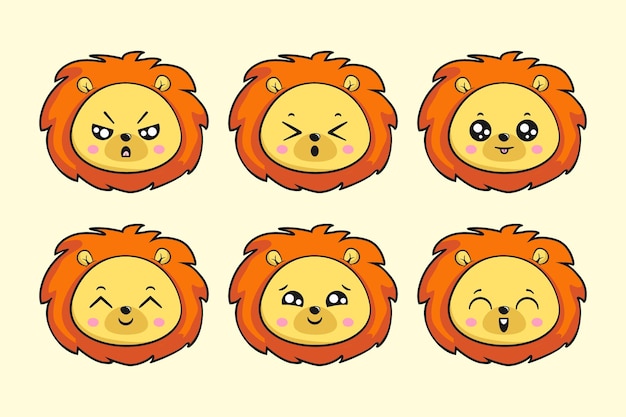 Vector lion head face cartoon emoji sticker kawaii part4