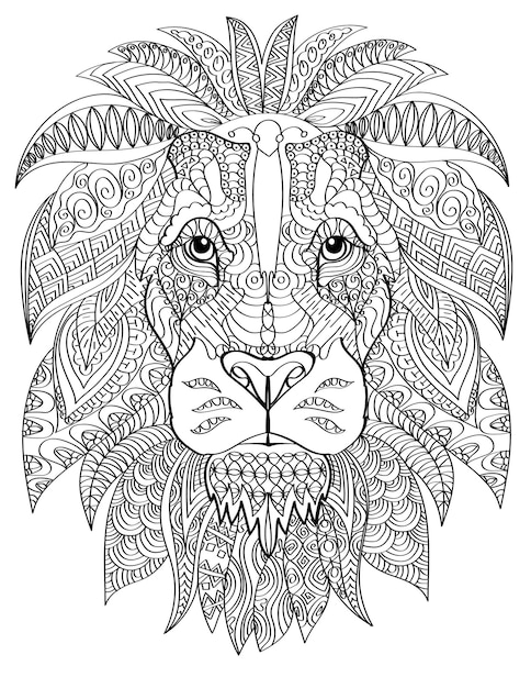 Vector lion head facing forward with healthy furry mane colorless line drawing large wild feline with