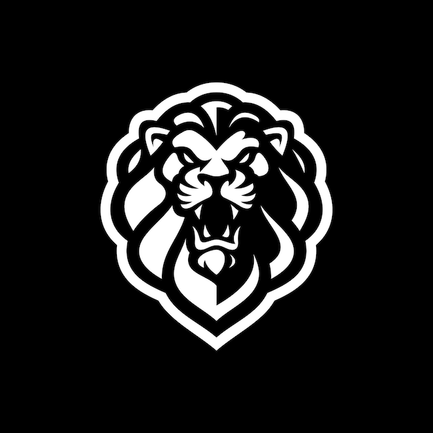 Disegno del logo della silhouette o della linea della testa del leone illustrazione vettoriale della faccia del leone su sfondo scuro