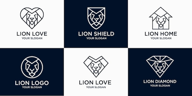 Lion head logo icon set with combination love ,home,diamond, shield.