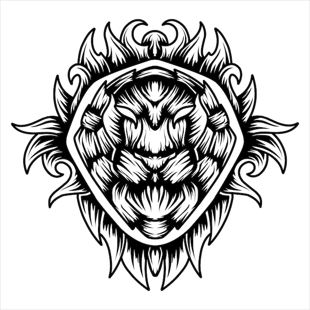 Vector lion head logo with floral pattern black and white