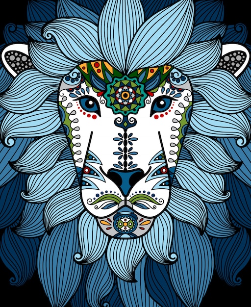 Lion head with blue ethnic floral ornament