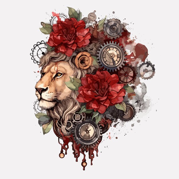 A lion head with flowers and a lion head.