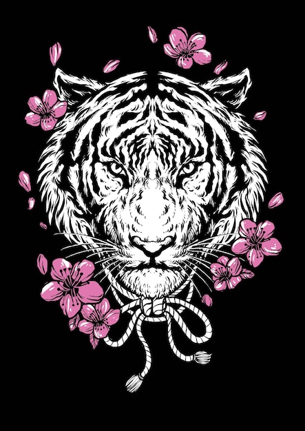 Vector lion head with sakura flowers design vector