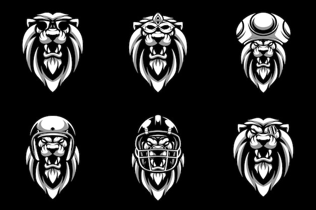 Vector lion heads bundle black and white