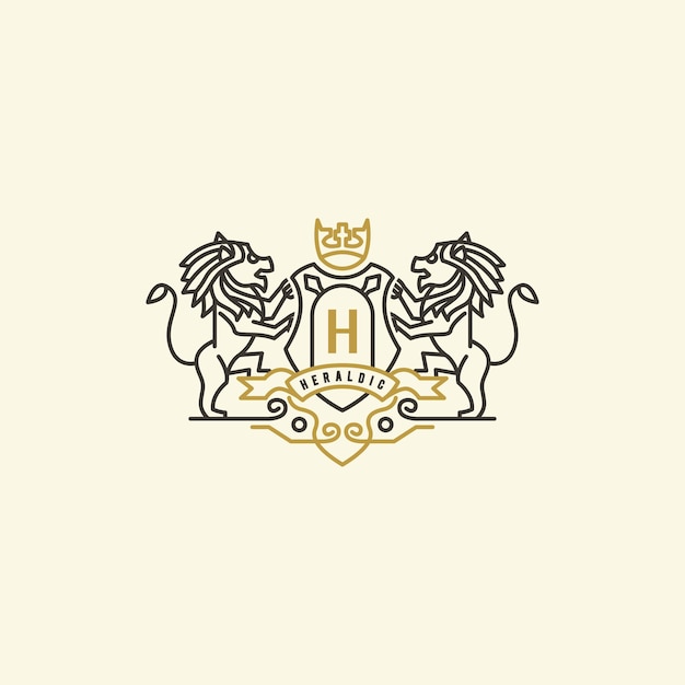 Vettore design del logo araldico del leone con h iniziale in uno scudo
