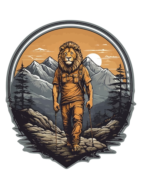 シャツのステッカーなどにライオンのハイキングベクトルイラスト