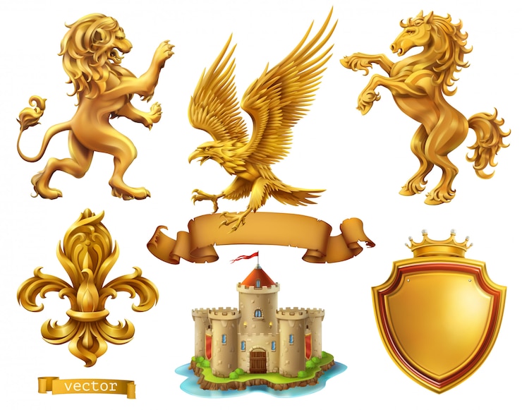 Vector lion, horse, eagle, lily. golden heraldic elements, vectors set
