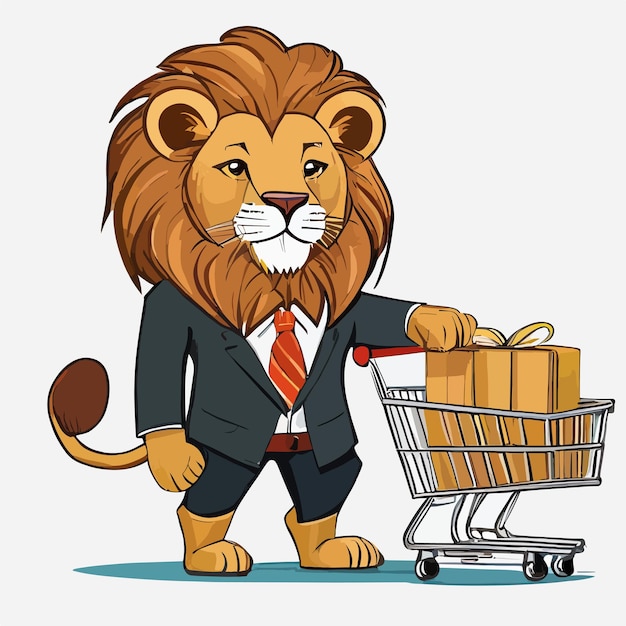 Lion illustration wearing formal suit with a shopping cart