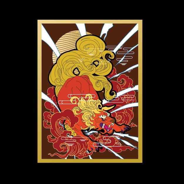 lion illustration with japanese style background