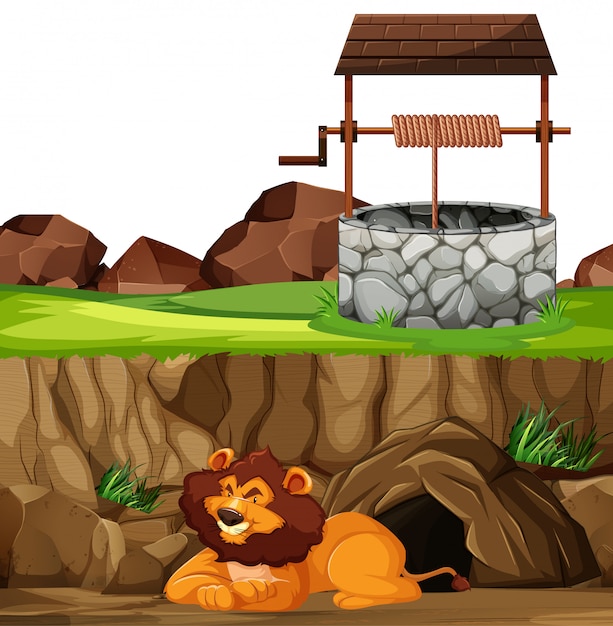 Лев в позе лежа в мультяшном стиле парка животных на фоне пещеры и колодца