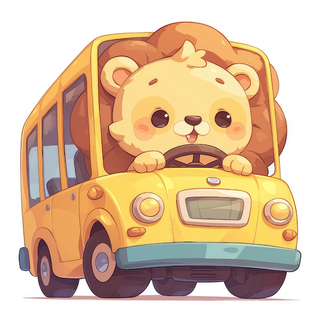 A lion is driving a bus cartoon style