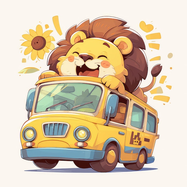 A lion is driving a bus cartoon style