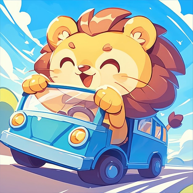 A lion is driving a bus cartoon style