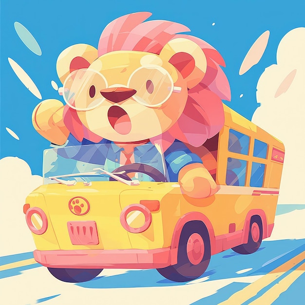 A lion is driving a bus cartoon style