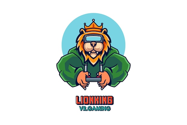 Logo della mascotte del gioco del re leone con joystick e vr