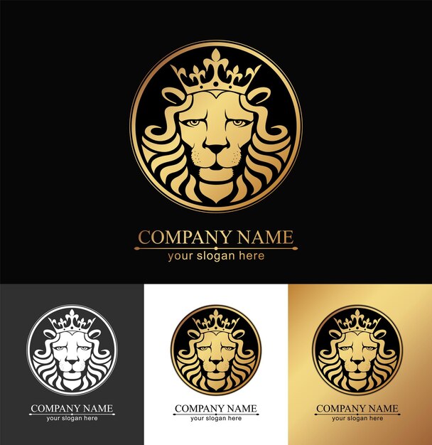 Vettore logo del re leone testa di leone con disegno del logo dell'illustrazione vettoriale della corona simbolo aziendale universale distintivo araldico premium