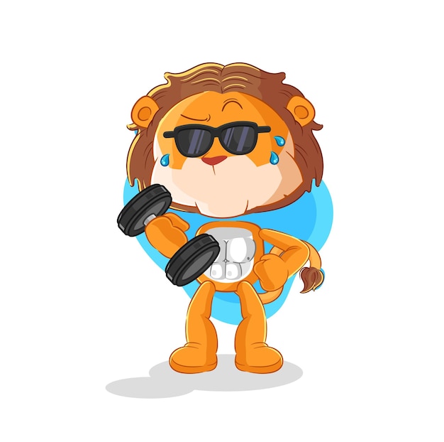 Lion lifting dumbbell vector cartoon character