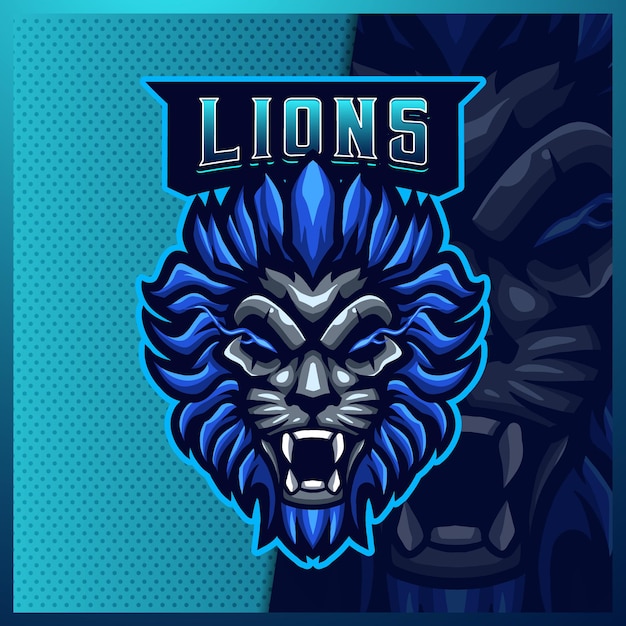 Шаблон дизайна логотипа талисмана льва киберспорта Логотип Blue Lion