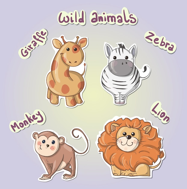 Lion monkey zebra and giraffee set of cartoon wild animals vector illustration