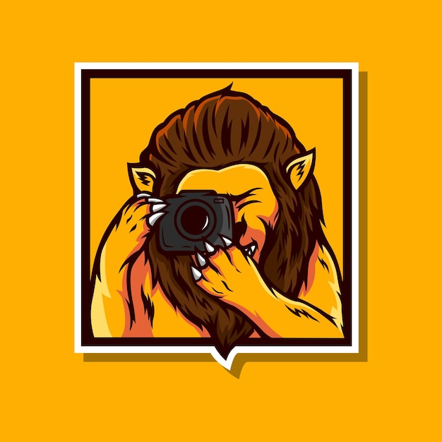 ライオンの写真家のマスコットのロゴデザイン