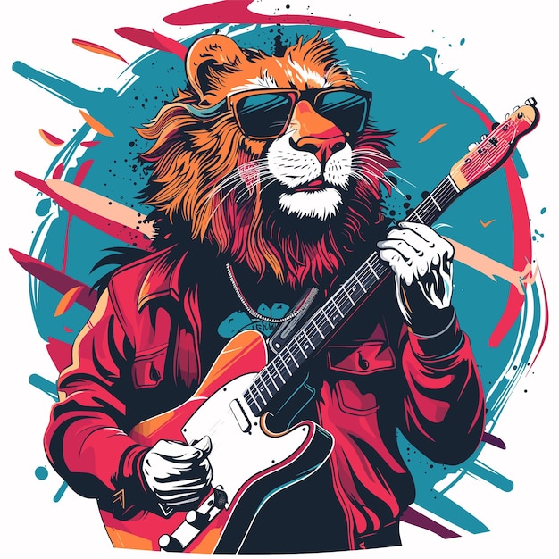 Vector lion playing guitar rock band vector illustration in retro style