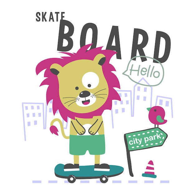 Lion playing skateboard funny animal cartoon