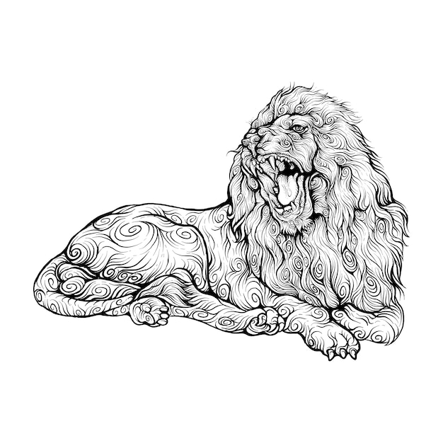 Vector the lion roars in curly hand drawing style