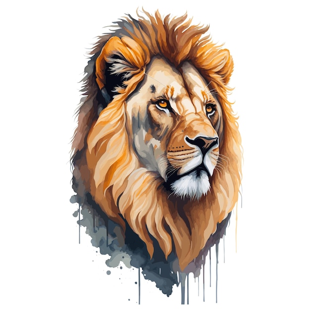 A lion's head is painted in watercolor on a white background.