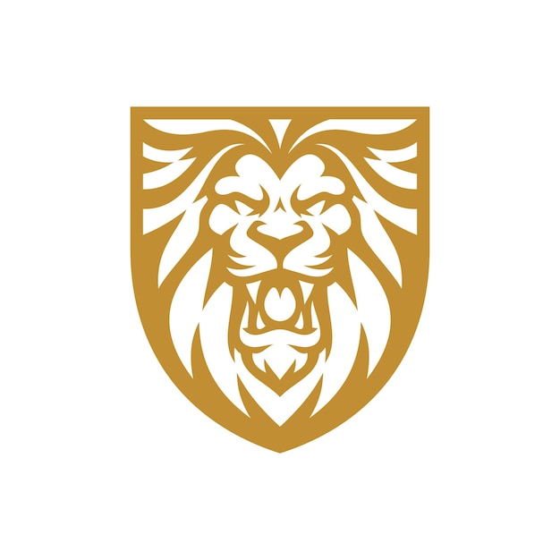 ライオンシールドエンブレムロゴデザイン。ライオンのマスコットベクトルイラスト