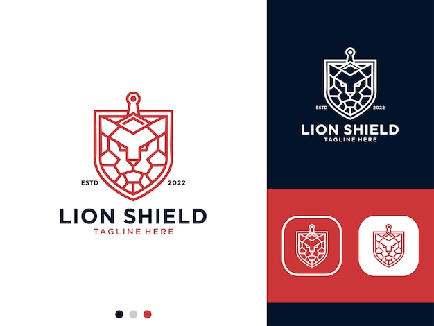 Lion shield with sword line art logo design