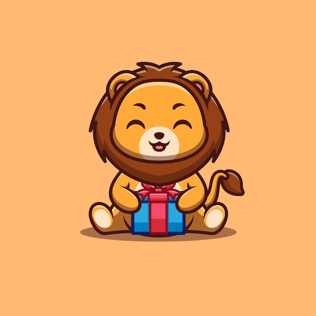 Lion sitting gift box cute creative kawaii cartoon mascot logo